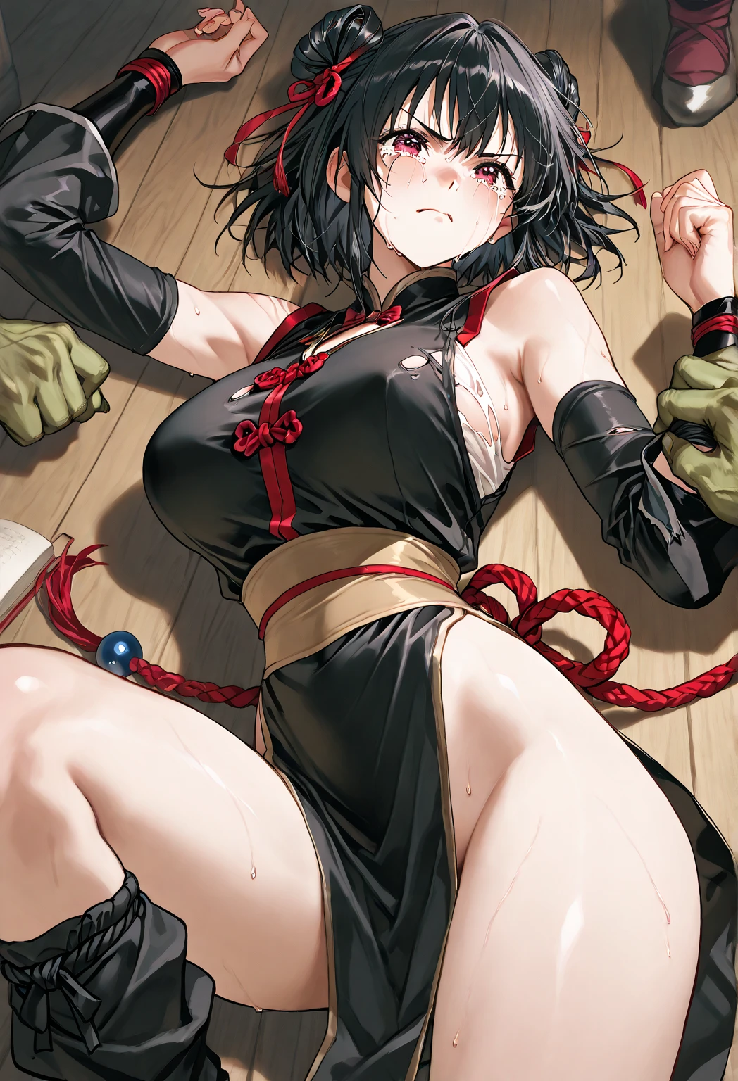 score_9, score_8_up,score_7_up,score_6_up,score_5_up,score_4_up,very aesthetic,
ubel,1girl,green hair,bangs,hair between eyes,side ponytail,purple eyes,sitting,tavern,drinking beer,awe,green hair,solo,
black choker,collarbone,sleeveless,black dress,sleeveless dress,halterneck,pleated skirt,black gloves,,black footwear,
d4rk01l,jail,in the jail, ,(arms behind back:1.5), bound arms, brown rope, blushing, , gag, gagged, bit gag, shibari, bondage, close ups, absurdres, solo,panties,spread legs,pussy, pussy juice , large insertion, (arms behind back:1.5), bound arms, Red rope, blushing, , gag, gagged, shibari, bondage, close ups, embressed, spread legs, m_legs,,((kneeling, arms behind back, bound arm, bound wrists, bound legs, wrists behind waist, rope bondage, shibari over clothes))hands behind back,in the jail,jail,masterpiece, best quality, arms behind back, bound, front view, rope, full body, hanging, rachelroth,forehead , leotard, (feet off the ground:1.3),blindfold,blindfold,black background,dark background