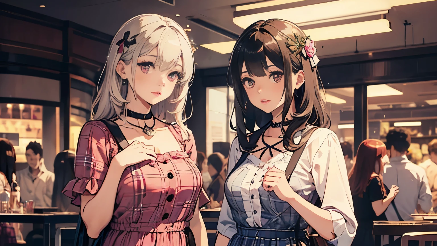 smile、Red cheeks、Official Art, masterpiece, Highest quality,Portrait of two girls、, JK,Tank top、(silver, metallic, ) 8K, Blonde, High resolution, ( flower_Styler:1.2)(headphone:1.2),(Excellent rendering, Stand out in the same class), (Amazing details, Excellent lighting, Wide-angle), Big Breasts(0.6), Absolute area, Detailed Background、Panty shot