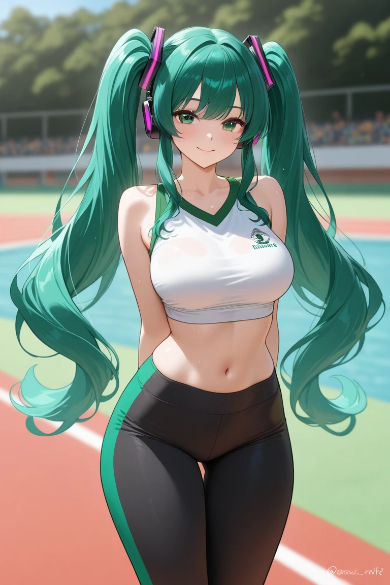 A fit young woman in her 20s. wearing a white sports bra and green yoga pants. She has long, wavy green hair flowing down.
}no background. on the stage. 카메라를 바라본다
huge boobs,she is walking .