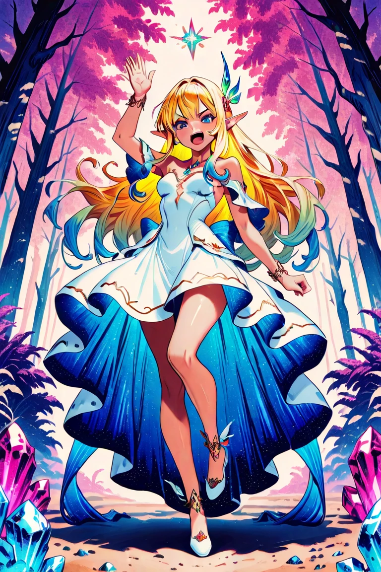 Princess peach,showing armpits and pussy half naked, forest background, smiling. Princess dress.