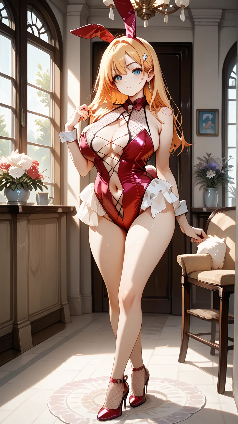 1 anime girl, long red hair,, mock neck long sleeve outfit, cross shoulder, shorts, red lips, smirking,masterpiece,ultra quality, super detailed, NSFW, big breasts,
