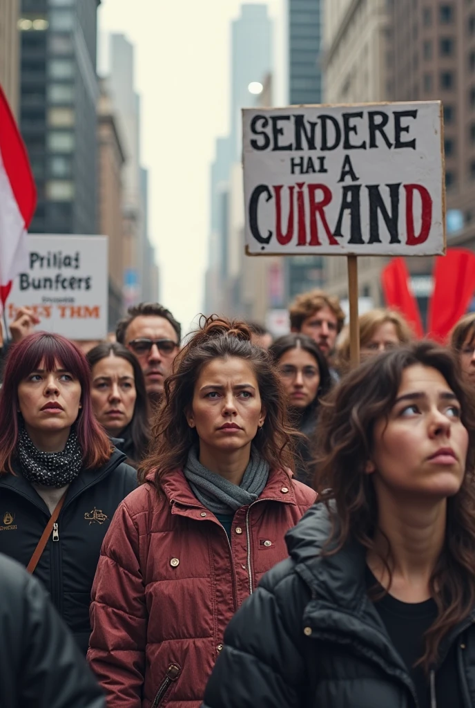 Cena with wide view from above, (summer weather) many women in street crowd demonstrations for International Women's Day, ((carrying banners with phrases). Tracks with claim, image in vibrant colors, very well detailed.