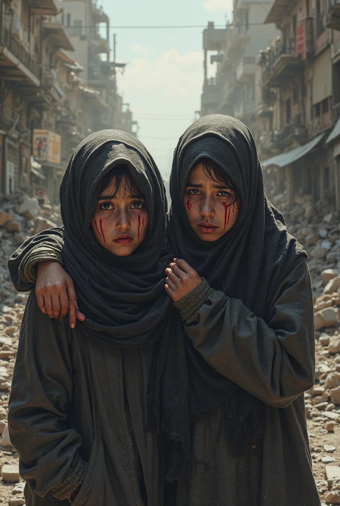 Make a picture of a scene suitable for the cover of a YouTube music video, 2 small Palestinian children, a boy and a girl in worn and damaged traditional clothes, crying under the rubble. The model of a small crying, tears flowing, clothes torn and torn, facial expressions of fear. The background of destroyed buildings is foggy, smoky, dark and dusty, showing a tense atmosphere. (image suitable for music video covers), (8k, cinematic, realistic and detailed, focused)