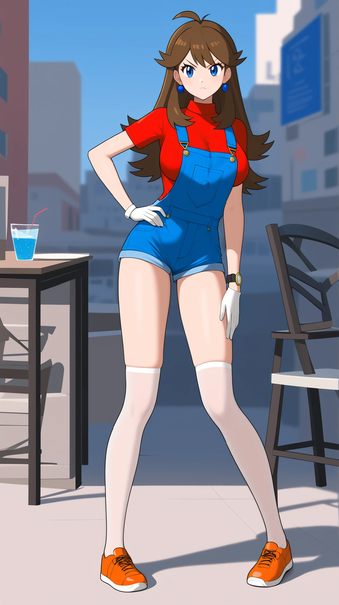   ((best quality)), ((masterpiece)), ((details)), 1girl, two legs, two arms, orange brown hair color, long hair, blue eyes, Big Breasts, tall, slim figure, Anime Coloring Book, angry face, pose where you put your hands on your hips, red long sleeve shirt, blue shorts overalls, white over the knee high stockings, absolute region with to, thighs, Orange shoes, blue earrings, Watch Viewers, standing, 1 female, Age 18, Three idiot hairs , bangs, full body, slim figure, City, (\Pokemon\), score_9, score_8_excellent, score_7_excellent, score_6_excellent, source_anime, cell shading, flat color, vector,