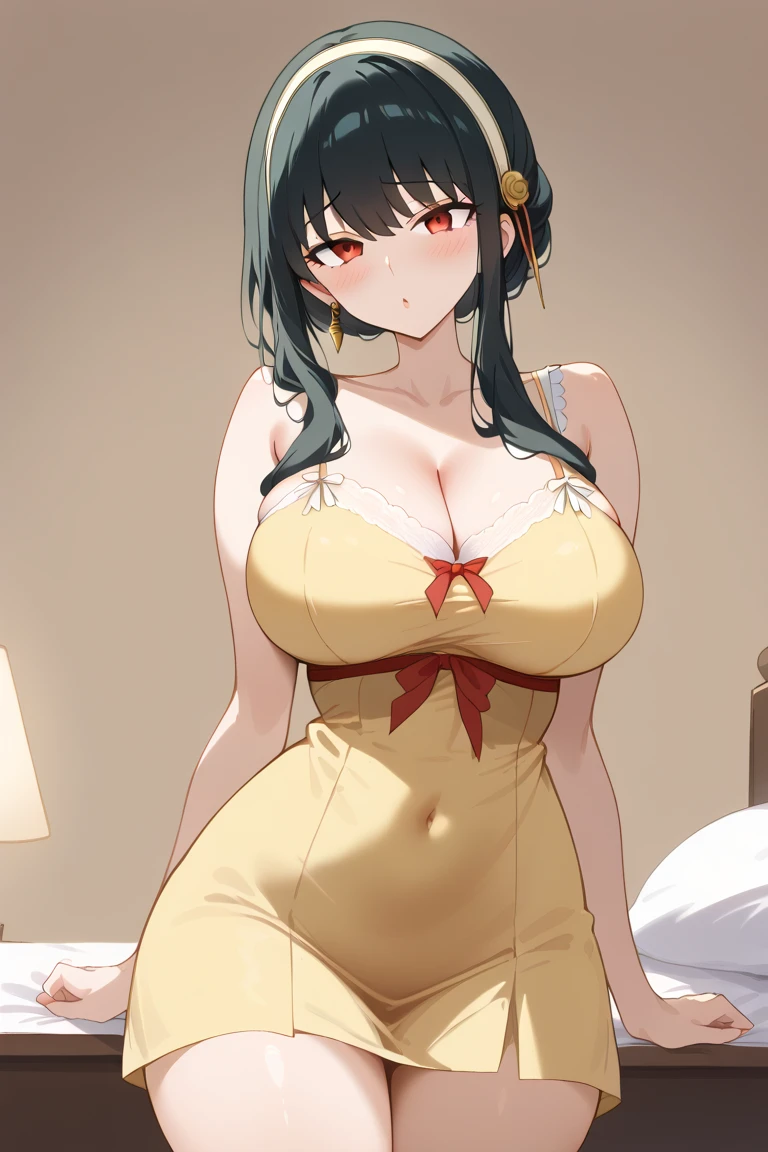 bitch_virgin, ((masterpiece)), ((best quality)), (ultra-detailed), ((extremely detailed)), 4K, (8K), 1girl, solo, (perfect anatomy:1.4), (five fingers), , (beautiful detailed black hair), (((world-class quality))), photorealistic, extremely detailed, high resolution, (detailed shaded pretty face), (mature lady), (beautiful detailed eyes), ((glowing detailed skin and hair)), white-skinned, shiny skin((((gleaming skin)))),in heat, full-face blush, seductive smile, shiny, , sagging breasts, thighs, BREAK , ((( wearing luxury gold dress))), BREAK, straddling, on the bed