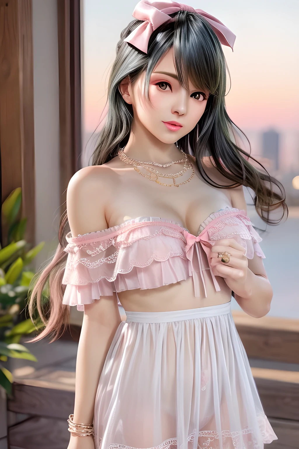 (nsfw), sexy stylish Swedish model, only 1 female, ((doll-like appearance)), long neon fuchsia stylish hair, shiny Victorian-Style boots, (big smile), ultra detailed eyes, vivid eye makeup, lipgloss, long lashes, defined eyebrows, (small naked breasts), ((sexy Paradise Kiss cosplay)), (naked aroused open pussy), bell-shaped skirt, petticoats, high neckline, puffed sleeves, ((ultra detailed lace)), ((ultra detailed embroidery)), intricate details, Paradise Kiss accessoires and matching headpiece, choker, ((large sparkling Paradise Kiss jewelry)), cinematic light, detailed large park background with trees