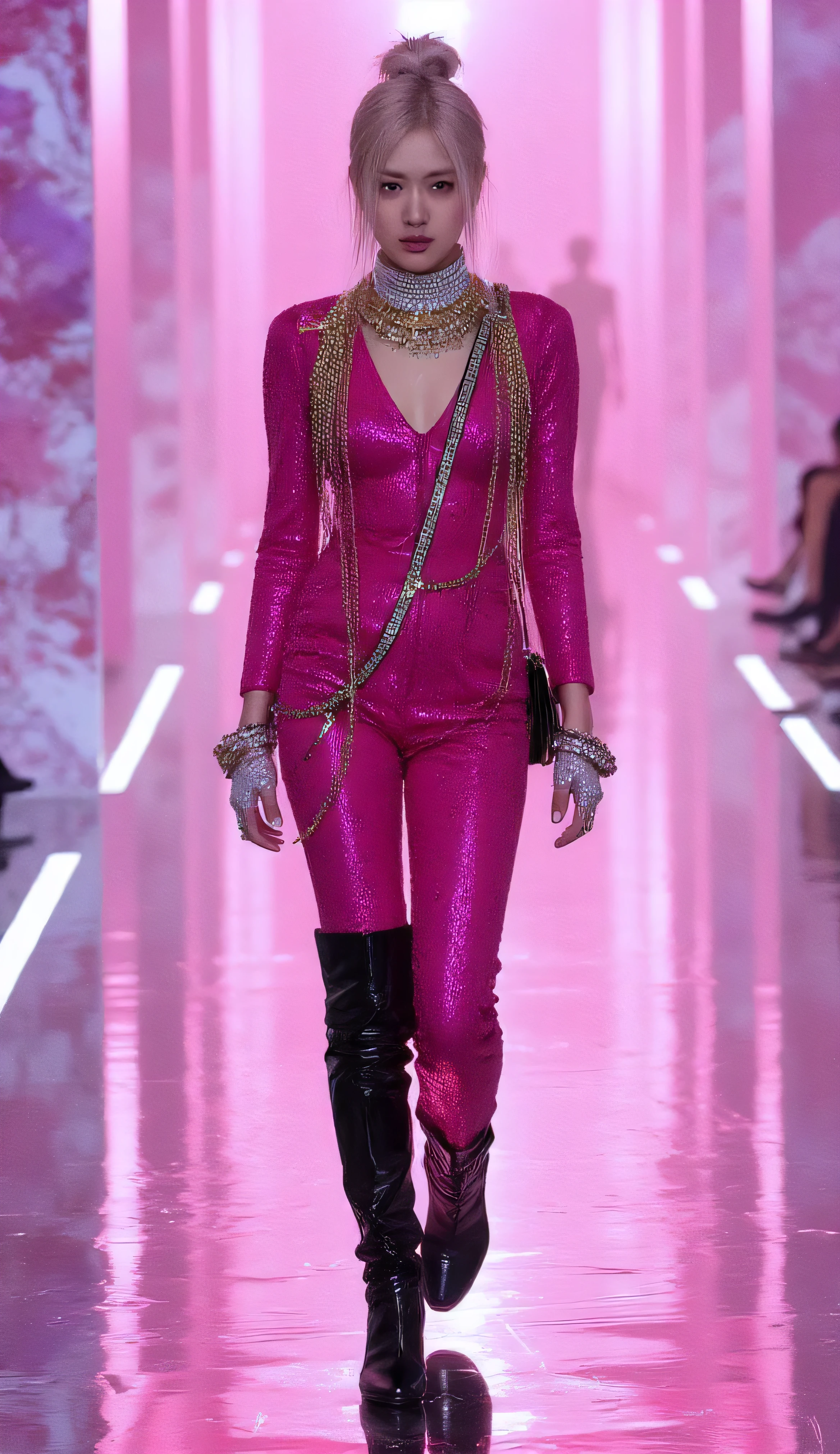 A K-pop idol resembling Rosé from BLACKPINK dominating a high-octane runway, staring intensely forward with a magnetic gaze, wearing a Saint Laurent electric fuchsia sequin-embellished jumpsuit with a plunging neckline, adorned with oversized gold YSL logo chains draped across the shoulders, paired with thigh-high black patent leather boots encrusted with Swarovski crystals, accessorized with a massive diamond-encrusted choker and fingerless metallic gloves, full-body frontal shot, fierce and rhythmic steps with a provocative head tilt and sharp shoulder roll, electrifying runway with towering crystal sculptures, holographic pink and purple projections, and pulsating laser beams, blinding strobe lights synced to a techno beat, ultra-realistic, 4K, cinematic lighting, jaw-dropping and rebellious rock-glam aesthetic
