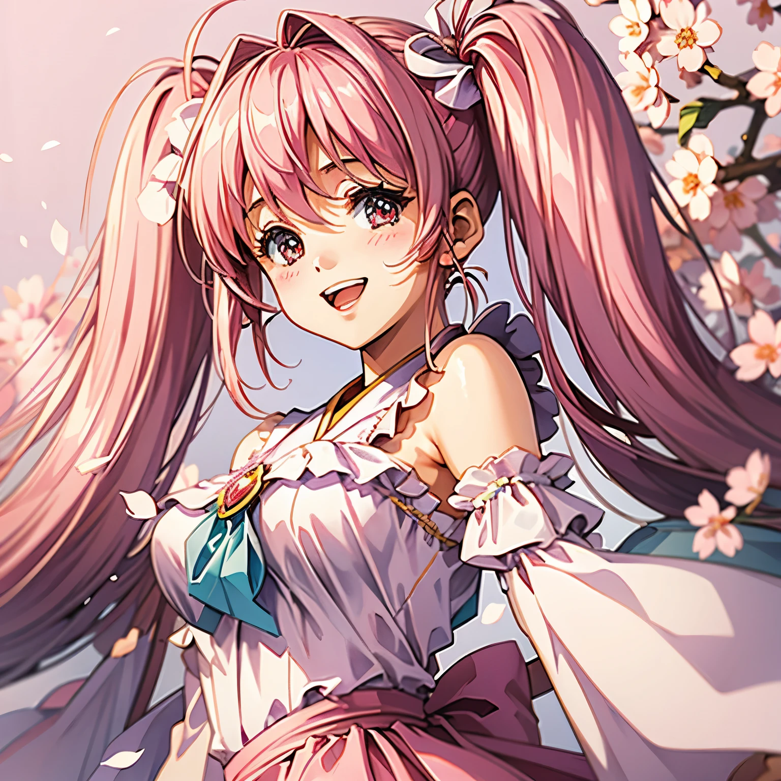 Sakura Miku,high resolution, long hair, look, blushes, smiles, opens her mouth, twin tails, top quality, Cherry blossom background
