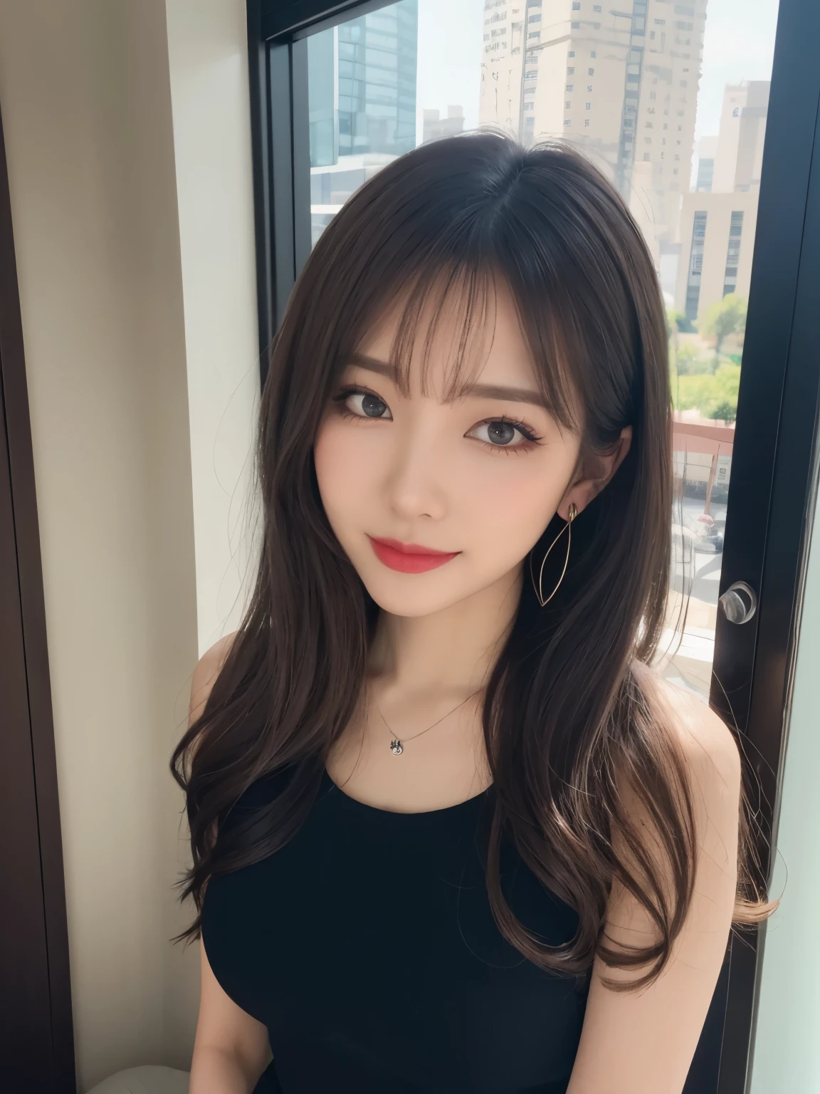 Dark brown wave hair, hair bobbles, longeyelashes, Solid Circle Eyes, lightsmile, Mole under the eyes, Heart Earrings, lightsmile, Shy, puckered lips, surrealism, drop shadow, stereograms, POV, depth of fields F2.8, One-person viewpoint, 8K, Super Detail, ccurate, Best Quality, hight resolution, Best Quality, Full body,