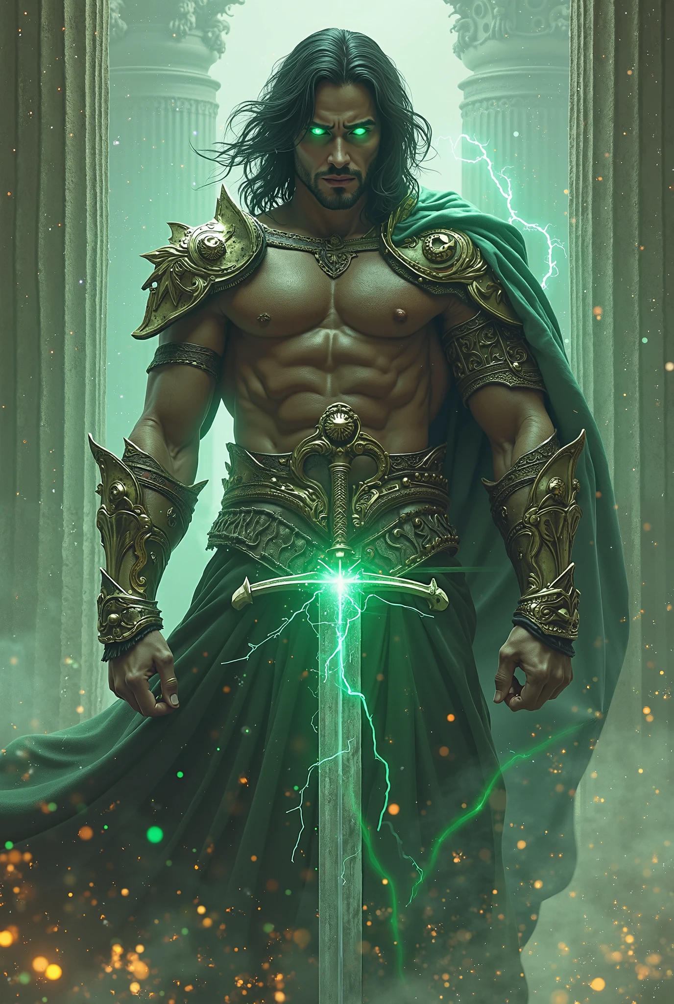 Generate images of a muscular boy with a glowing black and green sword in hand