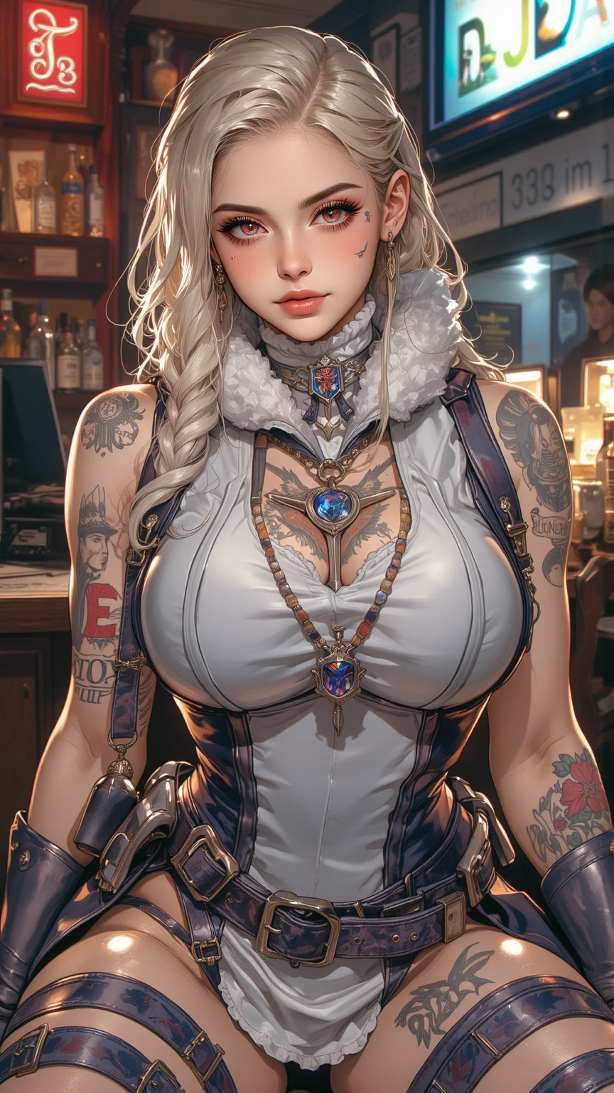8k,master part, Qualidade BSET,Big, (1 girl), 2b, azul_olho, cabelos brancos, short hair, professional lighting, (pele brilhante: 1.2), grande brilhante, ((best quality)), foco nítido: 1.2, Textura altamente detalhada do rosto e da pele, Olhos detalhados, rosto perfeito, Corpo Perfeito, blur art, CG, Background Story, seios grandes, Presence (20 anos, rosto maduro, fresco e bonito), wearing blue jean overalls, wearing overalls, corar, (Mittgal), randome pose, Top view, olho perfeito, cara de raiva, estilo de arte sakimichan