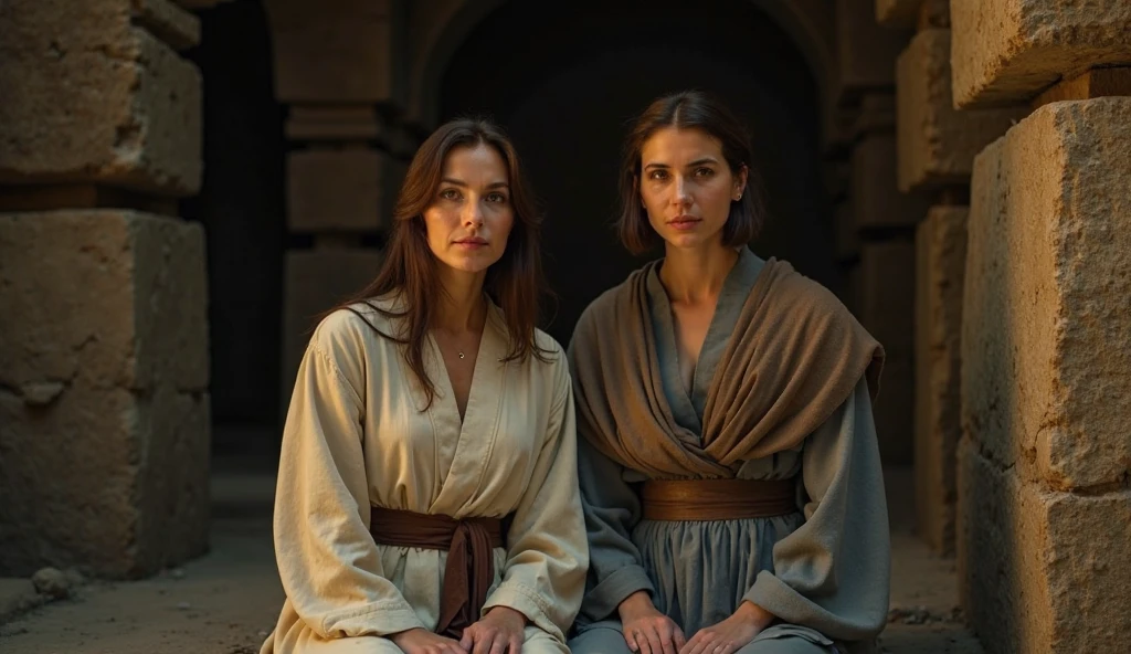 Two woman in a desert, old testament era at sunset