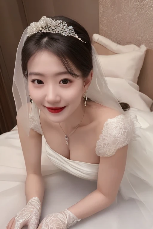 (realistic, high resolution:1.3), 1 girl with perfect figure, smile, ((pale white skin:1.3)) ,(gigantic breasts:1.3), looking at viewers, super fine face and eyes, long hair, white transparent lace veil , in bedroom, sit on the bed, , exposed cleavage, upper body, half body