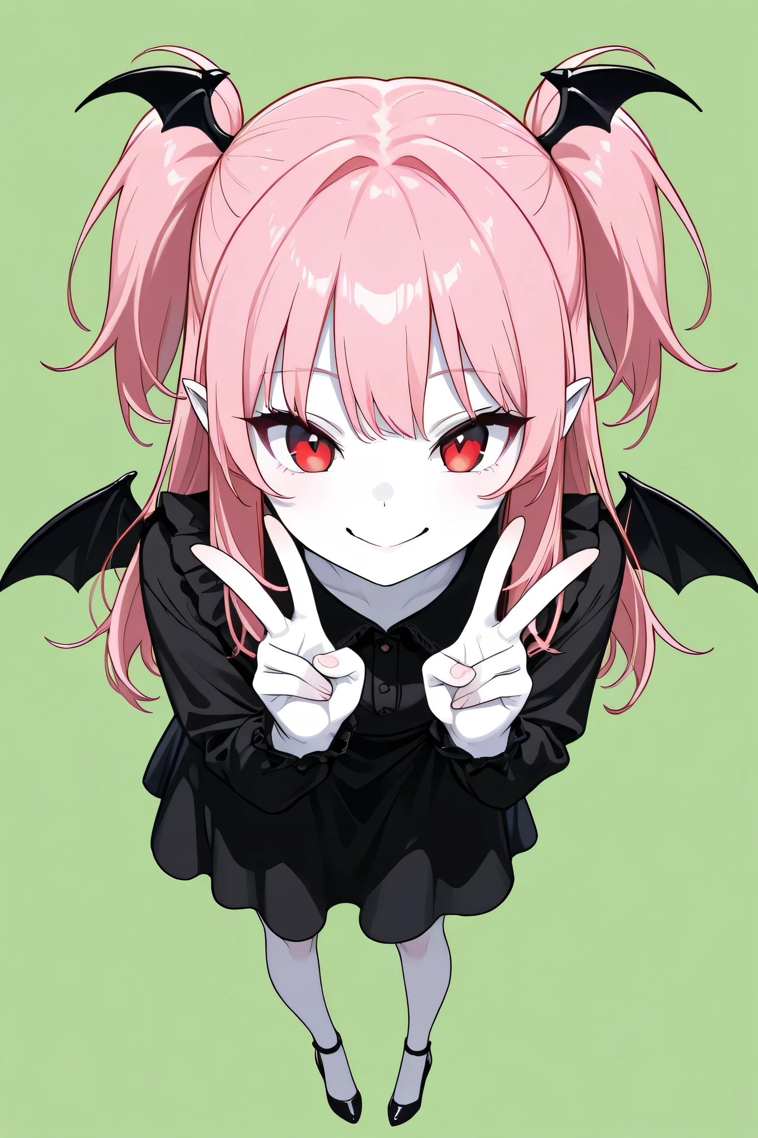(best quality, Background details), best quality, Original detail、dynamic art,,anatomically correct, full length, (double peace), (double peace Sign), provocative gaze, Red Eyes, one girl, () white skin, succubus, long hair, pink hair, (Two Sides Up ), bat wings, bat hairpiece, black dress , ( green), Beautiful line art　Evil Smile、(best quality, Background details), best quality, Original detail、dynamic art,,anatomically correct, full length, (double peace), (double peace Sign), provocative gaze　Overhead shot