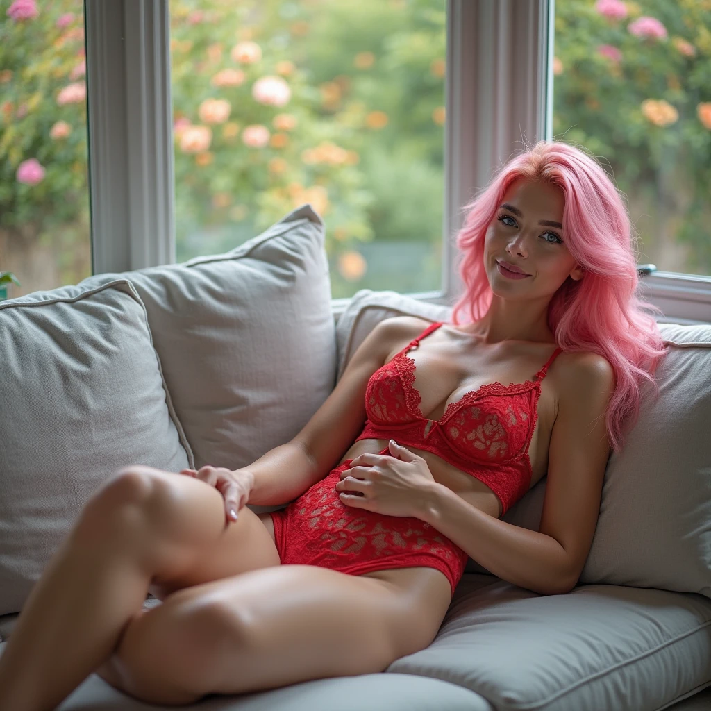 (full body shot:1) photorealistic image of a (lying pose:1) ultrarealistic, Photography, long pink hair, women, 2, hourglass figure, perfect body, flirtatious look, medium breasts, blurred background, She is lying on a modern white sofa in the living room, She has a seductive look, she is barefoot, bare foot, She is wearing a transparent red babydoll.