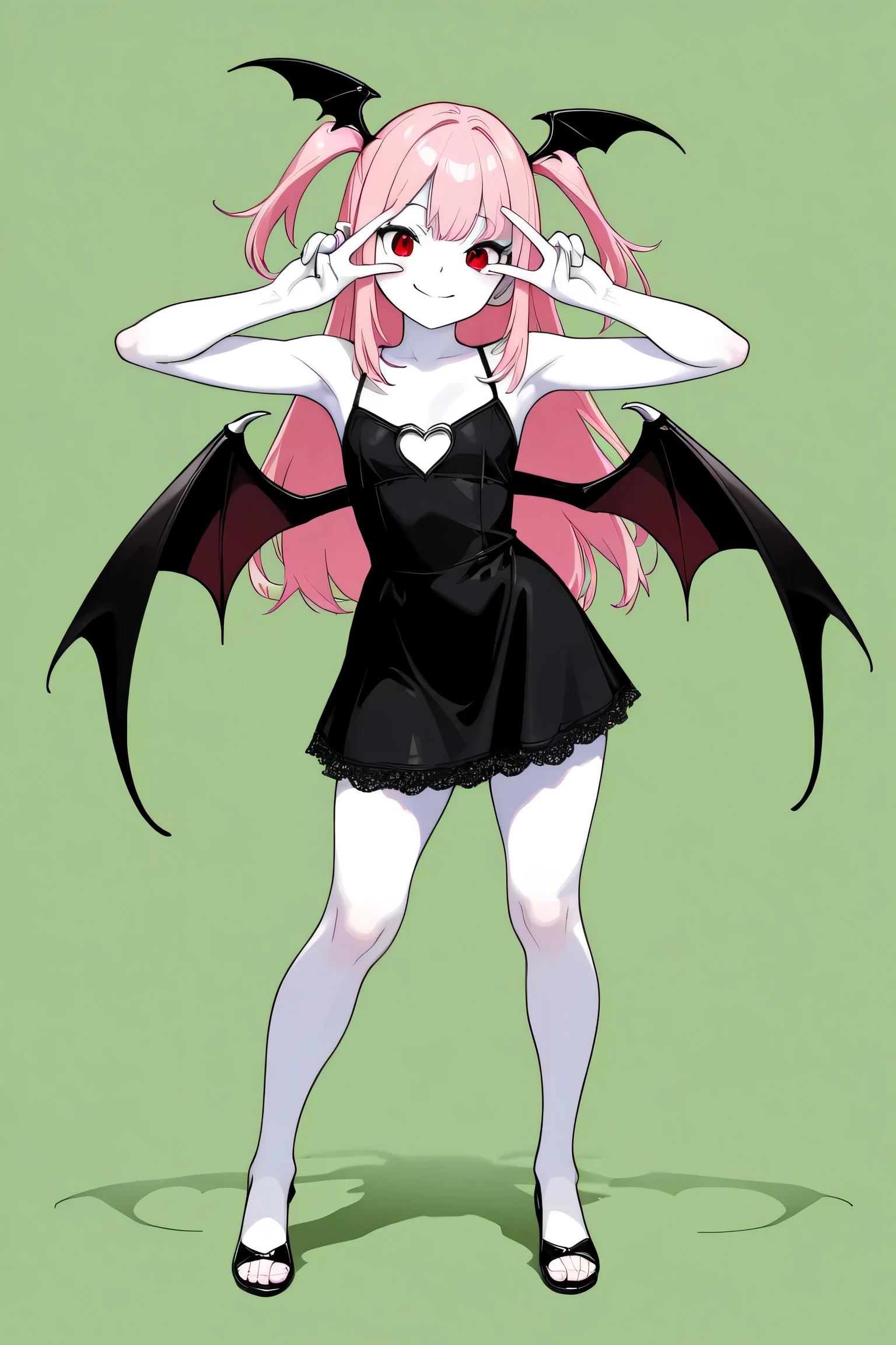 (best quality, Background details), best quality, Original detail、dynamic art,,anatomically correct, full length, (double peace), (double peace Sign), provocative gaze, Red Eyes, one girl, () white skin, succubus, long hair, pink hair, (Two Sides Up ), bat wings, bat hairpiece, black dress , ( green), Beautiful line art Evil Smile、(best quality, Background details), best quality, Original detail、dynamic art,,anatomically correct, full length, (double peace), (double peace Sign), provocative gaze Overhead shot