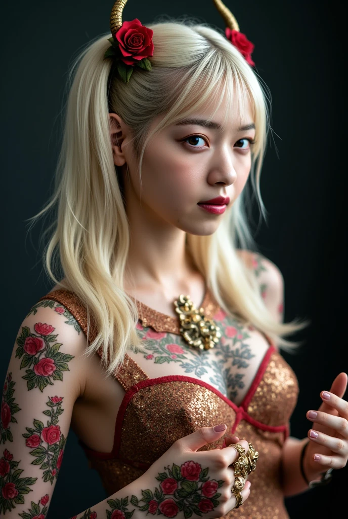 Create a hyper detailed photograph of a tattooed fit young ???? Geisha, Stunningly perfect gorgeous face, perfect makeup, detailed vibrant eyes, platinum blonde dutch hair, big beautiful muscular legs, big beautiful muscular arms, big back muscles, realistic torso, muscular abs, detailed smooth skin, big ??????, big muscular ???, black bondage lace lingerie,