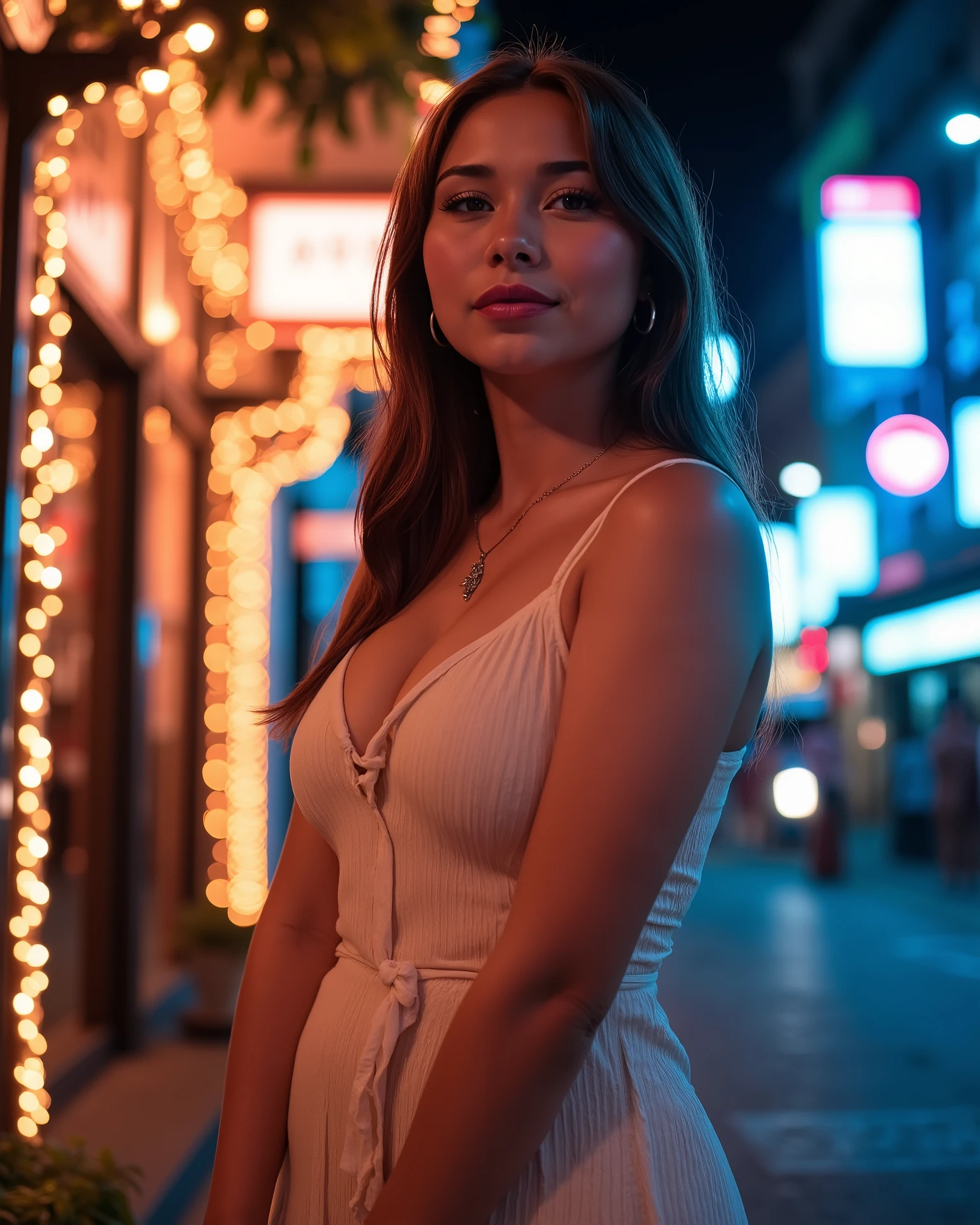 Beautiful woman, young, 25 years old, wearing a feminine dress that conveys delicacy and sweetness, she has a small throat, she is posing for a professional photo, she is giving a shy smile that conveys innocence and mystery, she is on a well-lit street full of lights Night-time photo-realistic image, extremely detailed and cinematic, shot with Sony A7S III using a 50mm f/1.2 lens. Aperture set to f/1.2, ISO 800, shutter speed 1/60. The ambient city lights and neon signs provide vibrant, moody illumination with rich bokeh effects in the background. Subject is softly lit from the side with practical lights or diffused LED. Skin tones are warm and reflective, shadows deep and soft. Shot in RAW, edited in DaVinci Resolve with a cinematic color LUT. 8K ultra-resolution, HDR, perfect tonal contrast."
