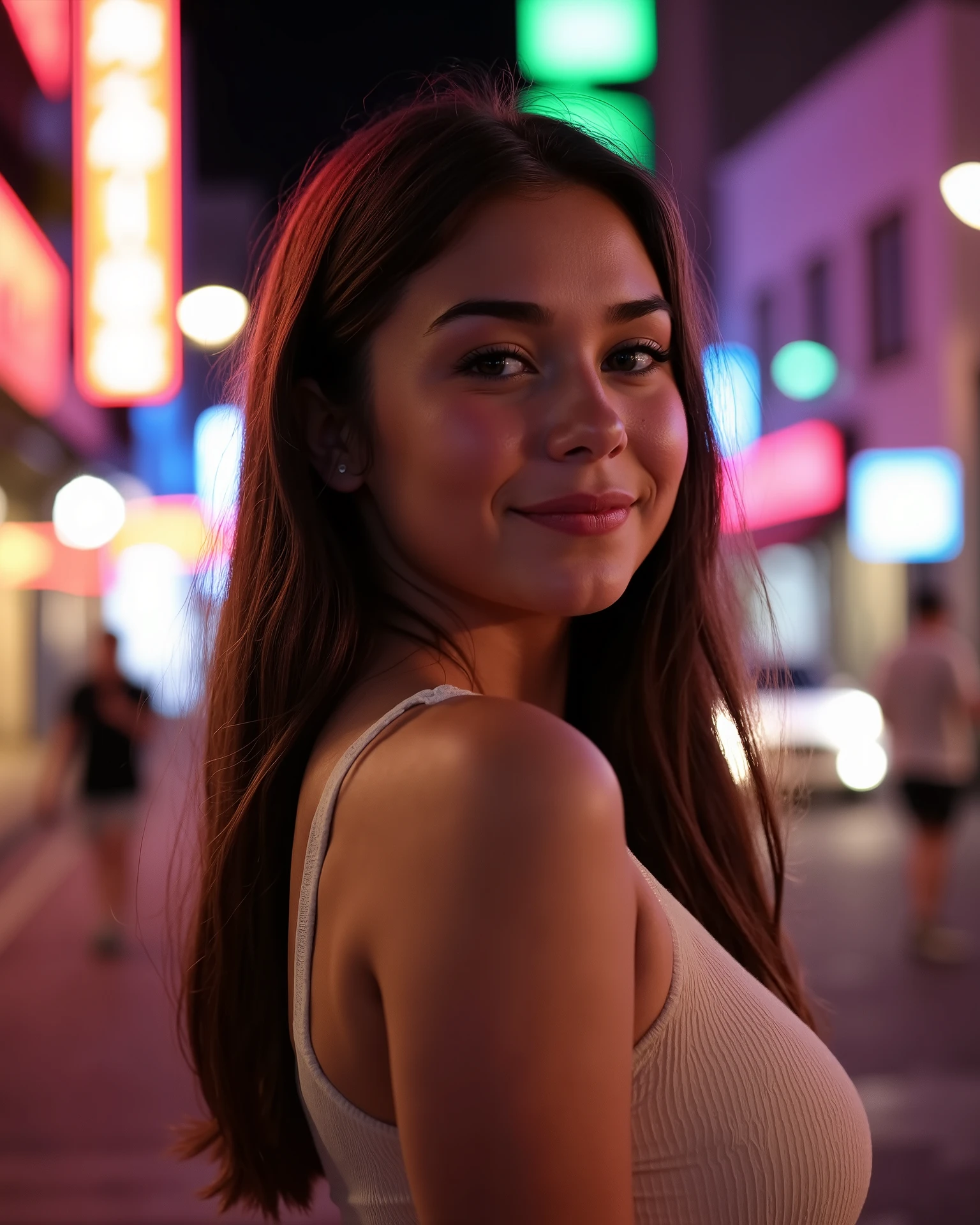 Beautiful woman, young, 25 years old, wearing a feminine dress that conveys delicacy and sweetness, she has a small throat, she is posing for a professional photo, she is giving a shy smile that conveys innocence and mystery, she is on a well-lit street full of lights Night-time photo-realistic image, extremely detailed and cinematic, shot with Sony A7S III using a 50mm f/1.2 lens. Aperture set to f/1.2, ISO 800, shutter speed 1/60. The ambient city lights and neon signs provide vibrant, moody illumination with rich bokeh effects in the background. Subject is softly lit from the side with practical lights or diffused LED. Skin tones are warm and reflective, shadows deep and soft. Shot in RAW, edited in DaVinci Resolve with a cinematic color LUT. 8K ultra-resolution, HDR, perfect tonal contrast."