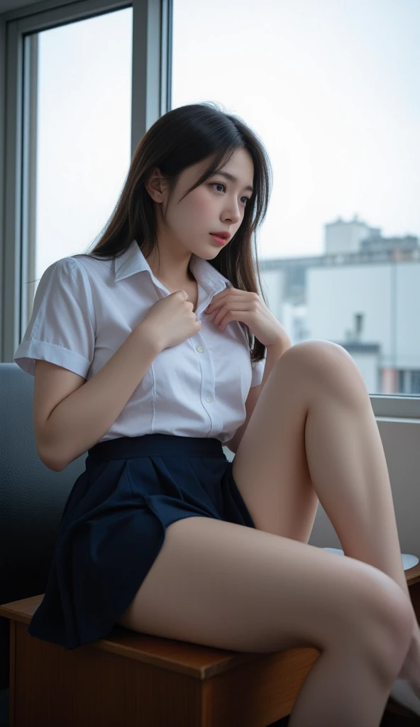 (Tabletop, Highest quality:1.2), 8K, 15-year-old student, 85mm, Official Art, RAW Photos, Absurd, White dress shirt, Pretty face, close, Upper Body, violet, Gardenia, beautiful girl, , (Navy Pleated Skirt:1.1), Squeeze the waist, Thighs Thighs Thighs Thighs, Short sleeve, in the train, sit on bench seat, View your audience, No makeup, (smile:0.4), Film Grain, chromatic aberration, Sharp focus, Face Light, Bright lighting, , Detailed face, Bokeh Background, (Dark red tie:1.1)、sexy