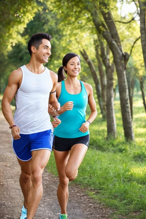 one young man making exercise with a beautiful young girl, mid shot, with muscles, blue shorts, forest, spring mysterious atmosphere, bright sunset