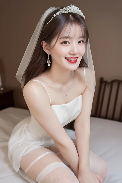 8K, Ultra-high resolution, Highest quality, masterpiece, 三分割法によるphotograph,Surreal, photograph, 1 Girl, (:1.3), pretty girl, Cute face, Beautiful eyes in every detail, 細かくdetailedに,masterpiece,, One Girl:1.2, Virginia Otis 15 year old girl、美しい cyborg mixed maid female, Mecha Cyborg Girl,Mecha Body Girl,She wears a futuristic mech, victorian maid dress, from the front, From the skirt up,Cute kids room, bed room, bed,Beautiful leg line beauty,Full of sex appeal,Sensual,A carefree smile,Heal the heart,Short ponytail、beauty,Long neck、Laugh a little、Please close your mouth and laugh、(((Ideal body type))),A cup small breasts :2,、Portraiture:2、Perfect Anatomy、鮮明なdetailed、detailed、Surreal、Light and shadow,Strong light