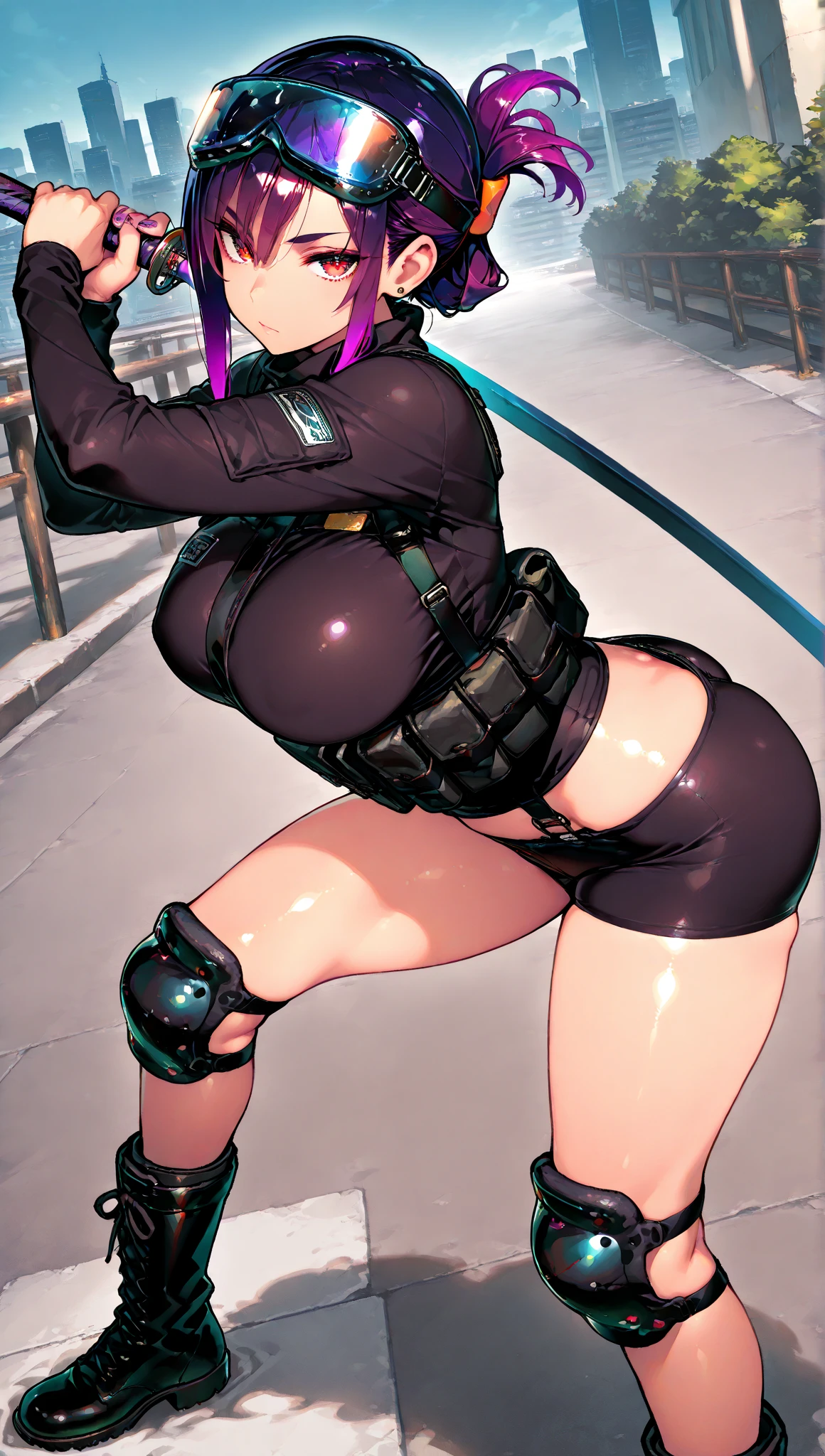 ela_(rainbow_six_siege), masterpiece, best quality, blkwidow, black bodysuit, cleavage, black belt, black gloves, large breasts, bracelet, cityscape, looking at viewer, night, rooftop, contrapposto, thighs