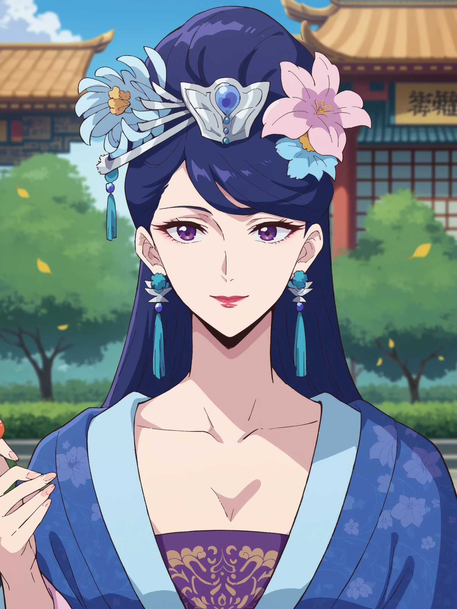 (best quality, masterpiece),Pear Blossom,Every Single Person at the Drugstore,Sleeveless,long hair, purple eyes, purple hair, flower, earrings, hair flower, lipstick,Chest, Jewelry, Chinese clothing, Hanfu,Outdoors,garden,smile,(viewers on my mom), open your mouth,Eat shaved ice,