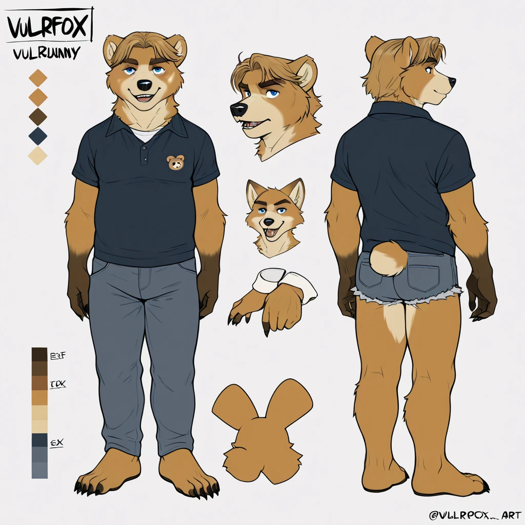 Anthropomorphic adult male dark colored fur spotted hyena with dark orange eyes, very fluffy body, three tails, wearing a kids diaper, baby fur, solo, reference sheet, standing, no background, with a pacifier on mouth, short tail, piercing on nose, full body view, different angles