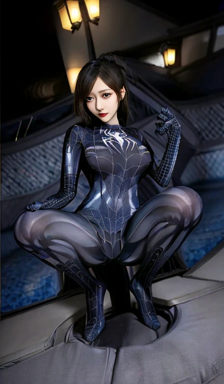 4K,realistically,charming,very detailed,There is a girl in Dingcheng,Wearing black Spider-Man costume(Spider-Man Venom Black Suit),(black and white:1.4) night,symbiont,poison,lots of mucus,She is a hero,Black superhero theme,in front of the sky,complexion,( spread legs, camel toe,, vulva shape:1.3),(GGcamel toe:1.3),25 years old,Full body female love