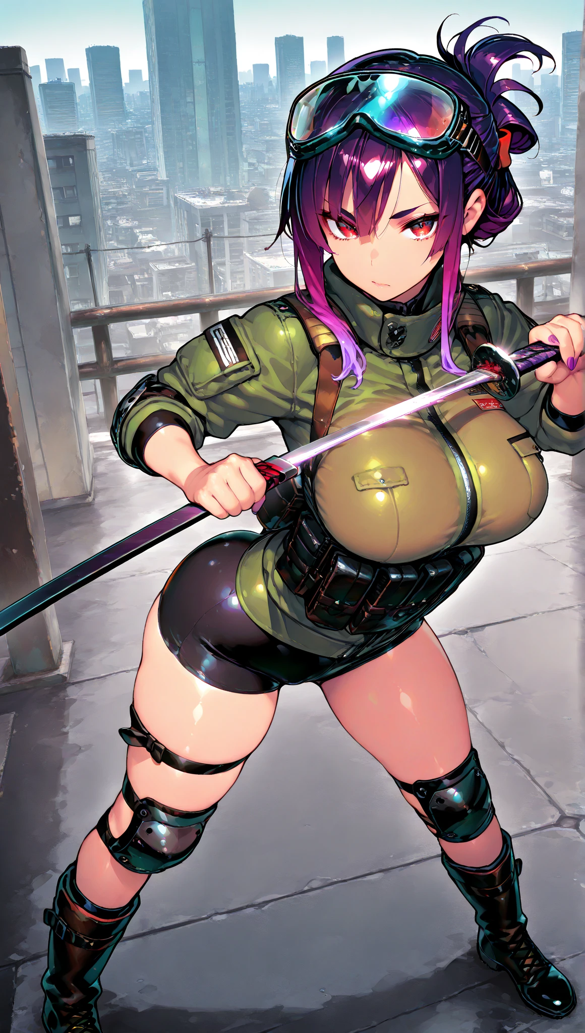 bulla, long hair, straight hair, aqua hair, blue eye,  bikini, front-tie top, suspenders, gloves, single elbow glove, thigh holster, torn pantyhose, (big breasts:1.5), (masterpiece:1.2),( high quality:1.1),(best quality), (ultra detailed), (8k, 4k, intricate), light particles, lighting, (highly detailed: 1.2),