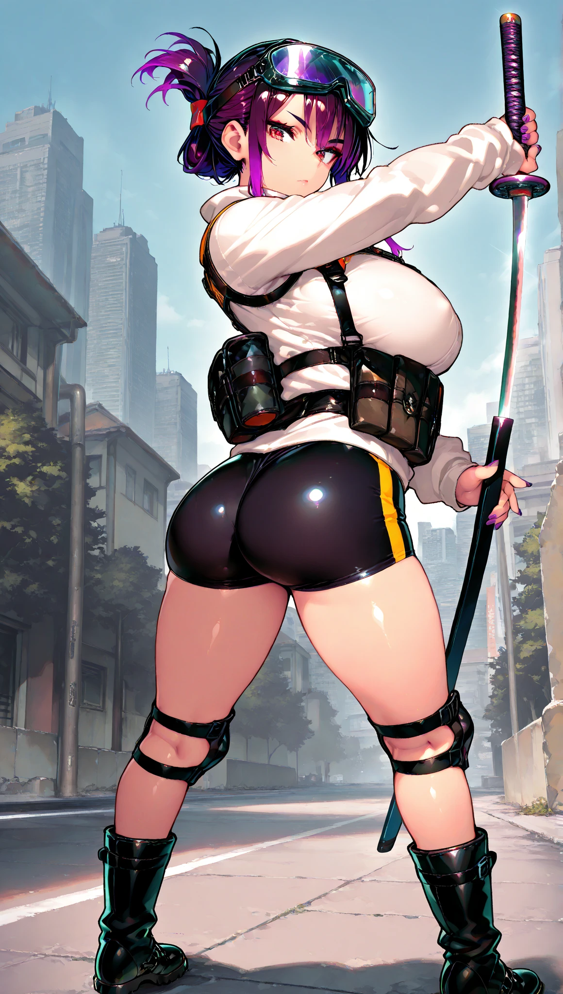 (masterpiece, best quality, photorealistic, cinematic, ultra-detailed, 8k), ((medium shot, from behind)), ((fighting stance)), ((perfect body, perfect ???????, alluring, nice hands, large breasts, long round legs, round ass)), (female ninja with a slender, graceful frame), (She wears a sleek, all-black shinobi shozoku with a crimson obi belt, concealing most of her face with a hood and mask, revealing only her sharp, almond-shaped eyes), (Her attire allows for silent movement, and she wears soft-soled tabi boots), (Ayame carries a katana, ninjato, shuriken, kunai, and a blowgun for combat, all expertly concealed within her robes), (Her ninja persona exudes elegance and practicality, making her an enigmatic figure in the world of shadows)