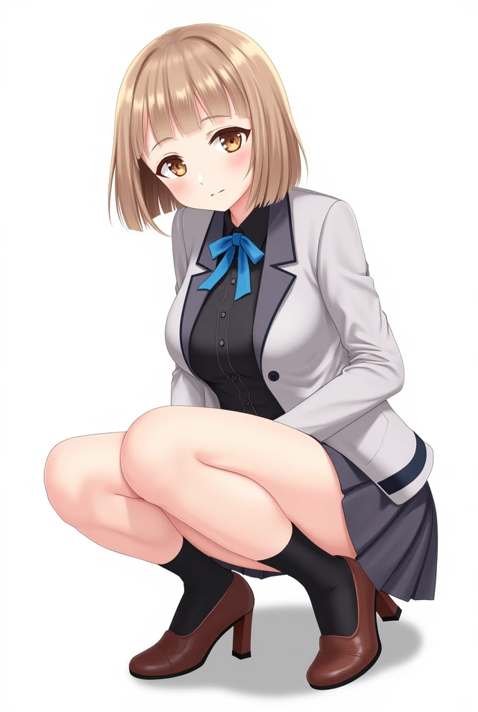 drawing of a girl with long dark brown hair, light brown eyes, with a smiling expression on his face, wearing a white shirt and a short black skirt, she has her legs open, her panties are visible, She doesn't realize that her panties were visible., sitting on the grass floor on her legs,, at the bottom of a park