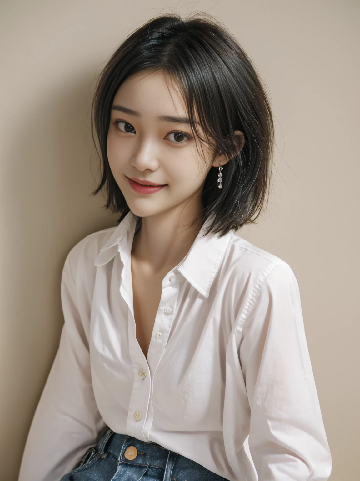 (highest quality、Tabletop、8k、Best image quality、Award-winning works)、One beautiful woman、(Short of Hair:1.1)、Black Hair、(He's wearing a perfect white polyester shirt.:1.2)、(Perfect and precise polyester long sleeve shirt:1.1)、look at me and smile、Big Breasts、Accentuate your body lines、(Face close-up:1.1)、(A woman perfectly positioned in the center of the screen:1.1)、(look straight at me from the front:1.1)、Standing straight at me、Stand upright and look straight ahead、Elegant makeup、Ultra-high definition beauty face、Ultra HD Hair、Ultra-high definition sparkling eyes、Ultra-high quality glossy lips、Accurate anatomy、Very beautiful skin、Ultra-high definition, radiant skin、(Pure white simple background:1.2)、The most elegant and perfect posture
