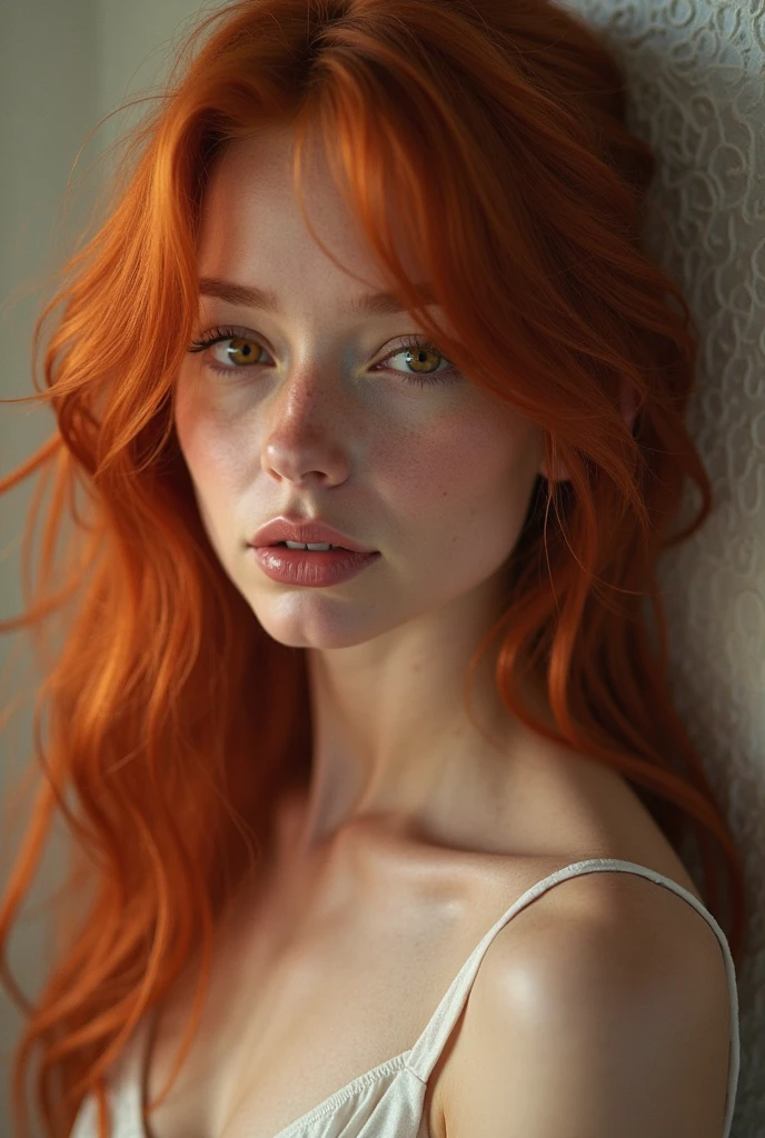 A hot nude woman with red hair with some drops of sperm over her