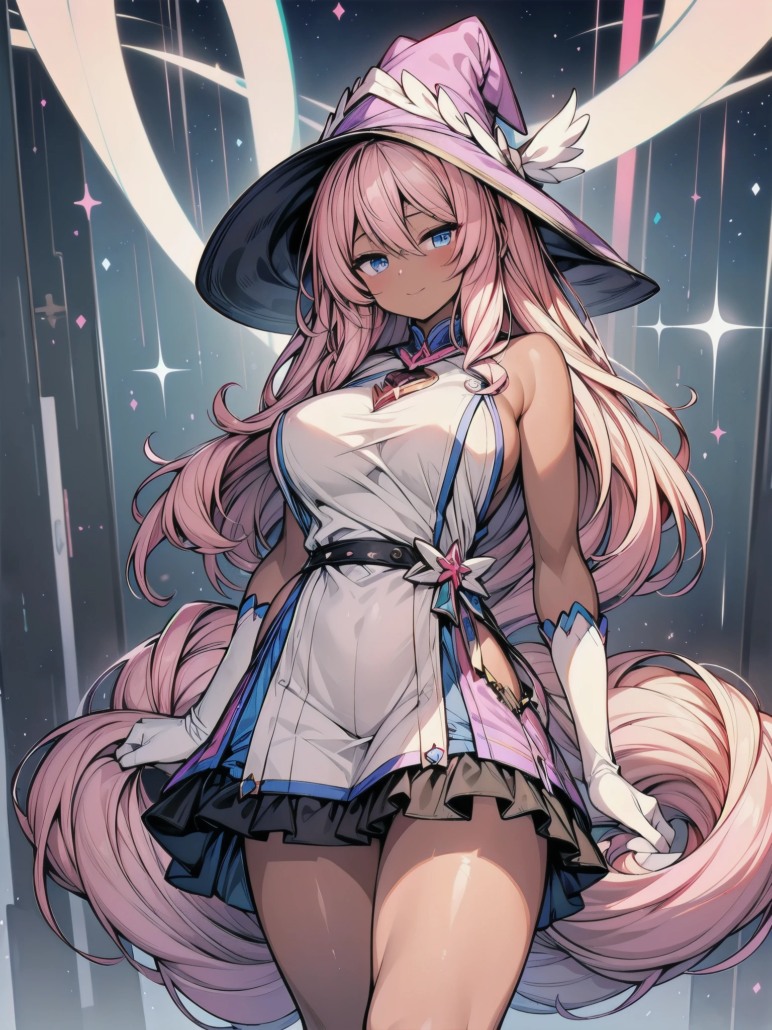 ((dark skin)),(black skin:1.2),masterpiece, best quality, Super Detail, exquisite, beautiful,((1 person)), semi-long hair, thick legs, Amorous face,(gigantic sagging breasts:1.3),Magical Girl. pink hair. magic wand on the hill.Baby Face,is 150 centimeters tall,Classroom,nsfw,, magic wand on the hillを振りかぶる