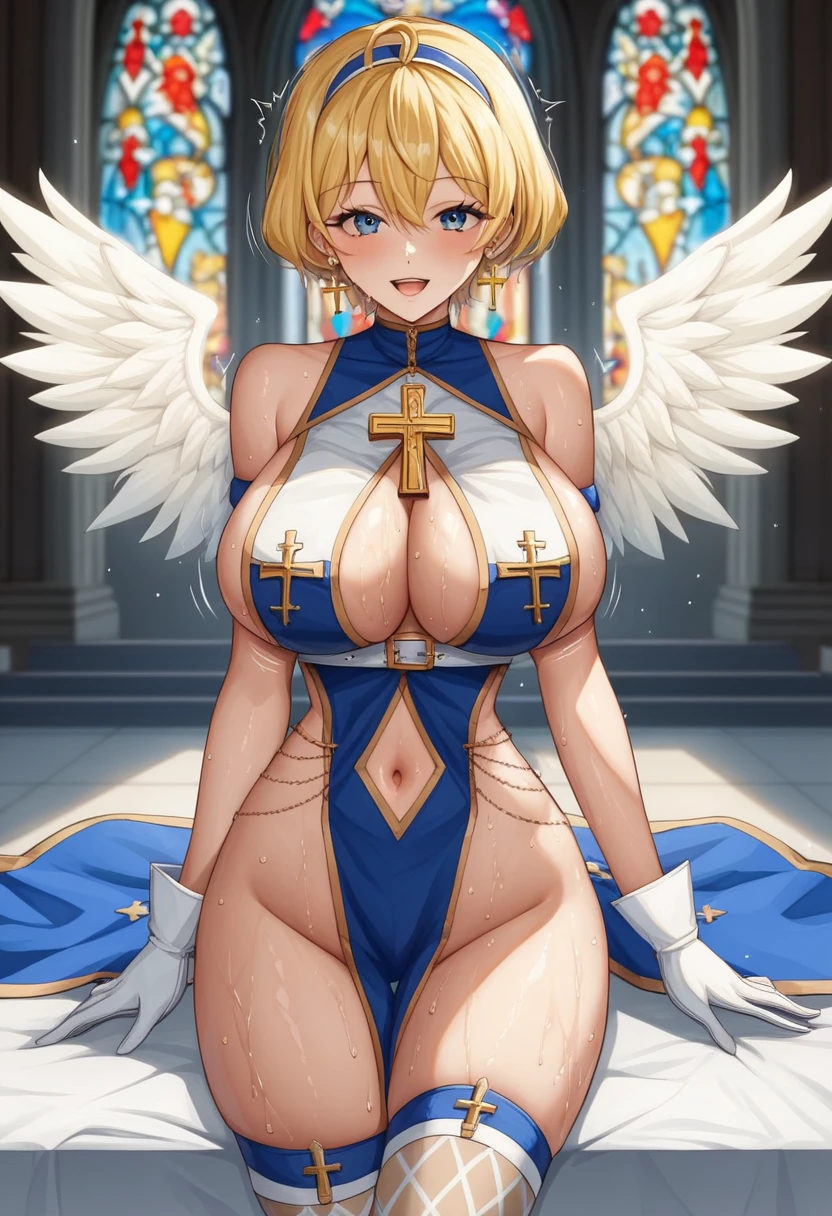 (masterpiece, best quality, highly detailed), 1girl, sarielx, heterochromia, braided ponytail, braided bangs, dramatic lighting, god rays, gold armor, underboob, gold skirt, gold boots, angel wings, head wings, cathedral, vitril, stained glass, standing, angel, wings, full body, feet,Gothic art, Renaissance, glowing light, god rays, blurry, sparkle, motion blur, depth of field, chiaroscuro, cinematic lighting, chromatic aberration, backlighting, bloom, blending, UHD, retina, masterpiece, ccurate, anatomically correct, textured skin, super detail, high details, high quality, award winning, best quality, highres, pullover