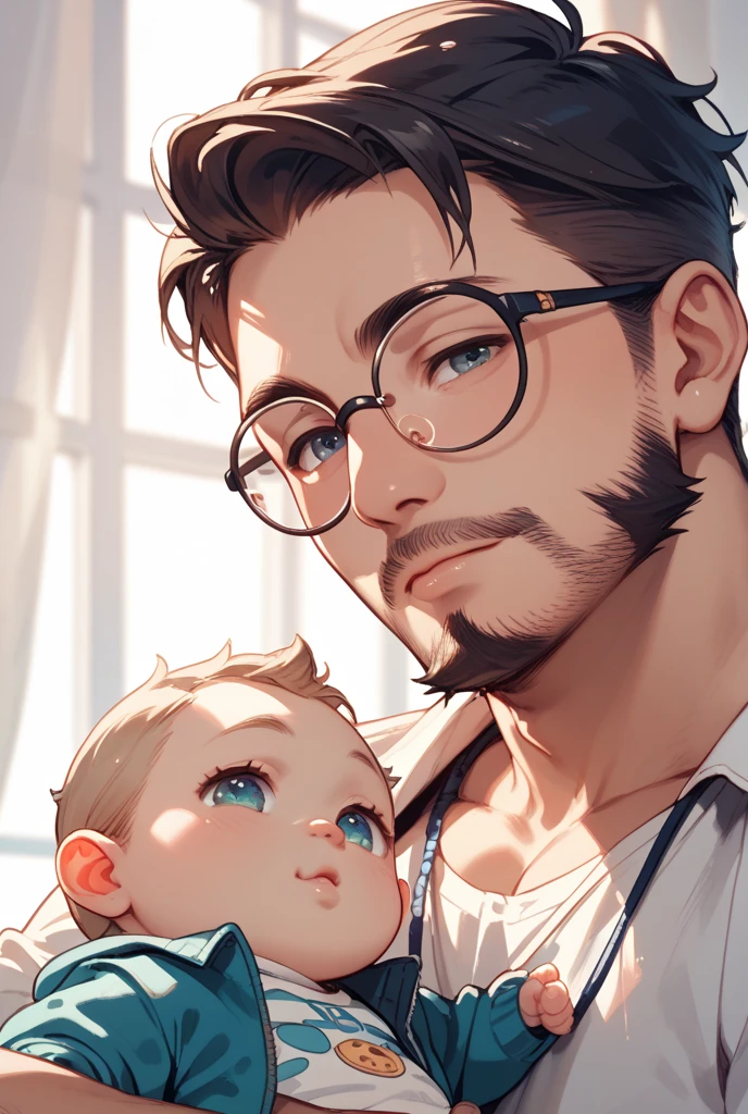 a chemical scientist father hugging his child, a colored child is a silvery-white metal with a silvery-yellowish color when exposed to air, crystallized with a t-shirt that says barium with its atomic number 56
