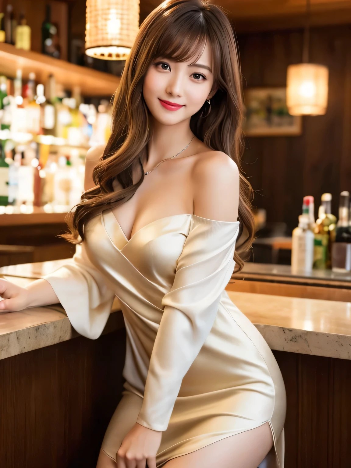 Highest quality、8k wallpaper、Reality:1.4、Photographed by a professional photographer、Cinema Lighting、View your viewers、background:Gorgeous bar lounge at night、1 beautiful girl、Japanese Idol、30 years old、Beautifully detailed eyes、Detailed face、Beautiful Skin、Slender、Slim waist、Thin legs、Red lipstick、Fancy hairstyle:1.8、Random hair color、Light Hair、The light hits her hair and it shines golden、Asymmetrical bangs、Off-the-shoulder dress、I can see your chest 、smile:1.eductive pose
