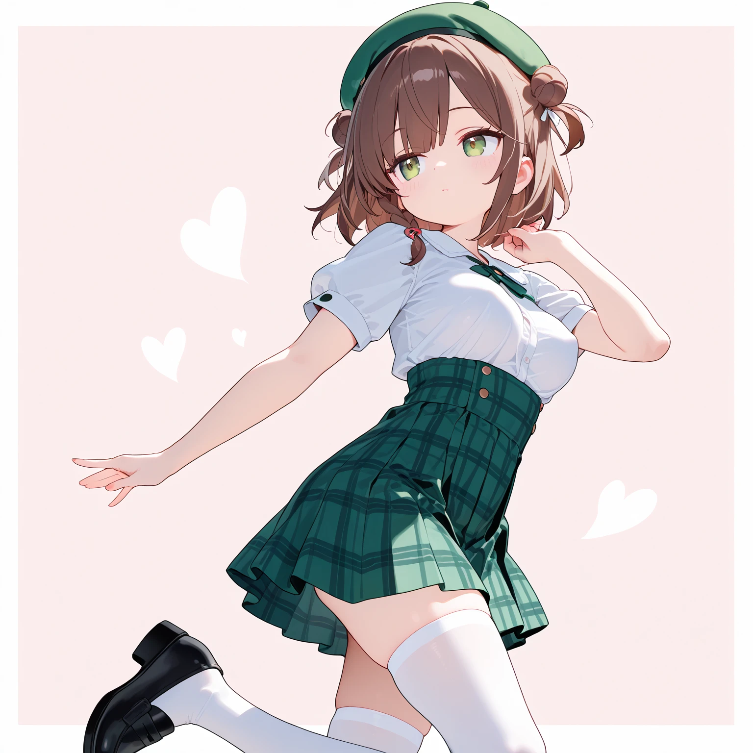 Short,thick,femboy,thunder thighs, brown hair,green eyes, pouting lightly, a small blush, wearing pink+black thigh high socks, black thongs, white crop top sweater.