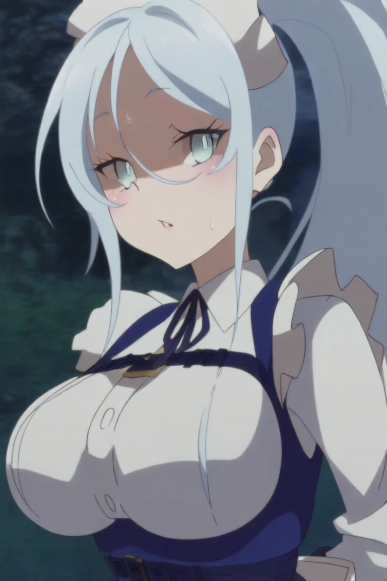 nsfw,anime screencap,official art, nsfw,sex with one man,blowjob,facial ,creampie,straddling on the man,1 woman, 2 men,black maid uniform,maid apron,black garter belt,black stockings,spread legs,boobs,large breasts,short of a person,pubic hair,big areola,plump body,pale skin,beautiful face,sharp eyes,angry,glare at,ponytail,lightgrey hair,orangered eyes,focusing,castle,ruins,glasses,anime style,high quality,masterpiece,(blowjob,hand job)