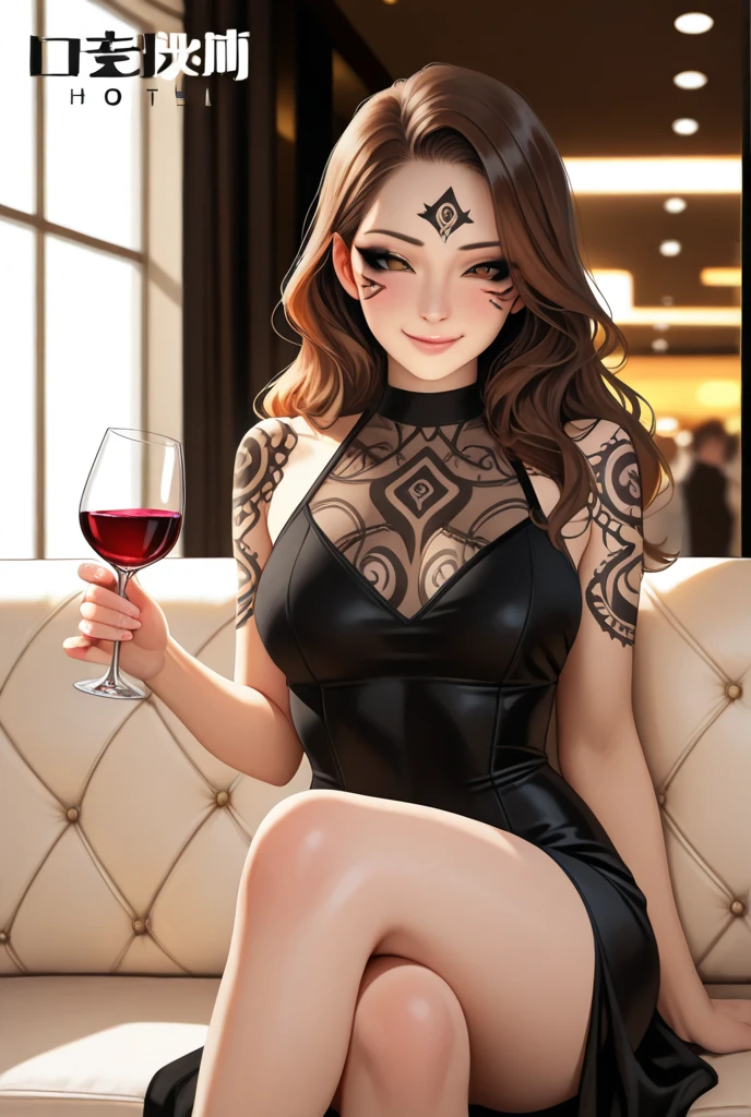 1 asian woman, spy, elegantly dressed, smirk, short black hair, holding wine and knife, ( methurlant) comic, y2k animation, hq, intricate detail, high quality, smooth, (masterpiece, best quality), tattoos, sitting at bar,