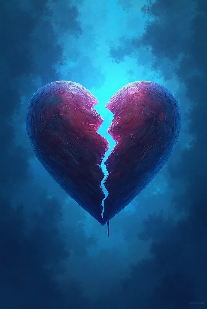 A book cover with beautiful blue colors,with a heart broken and broken in half, Not very realistic but rather interesting