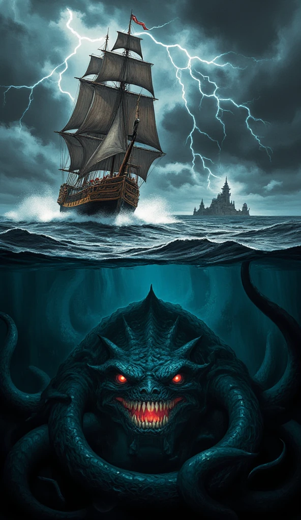 (masterpiece, best quality, cinematic lighting, ultra-detailed), epic naval battle, massive galleon sailing through a violent storm, enormous waves crashing, lightning bolts splitting the sky, crew members fighting off giant kraken tentacles reaching from the sea, ship tilting from the impact, ropes snapping, sails torn, dramatic composition inspired by Jaws movie poster — above the water: stormy sky, heroic struggle on deck; below the surface: deep dark ocean, colossal kraken with glowing red eyes and monstrous mouth lurking beneath, watching the ship, murky water swirling, full-body kraken in the shadows, horror and awe, glowing highlights, dynamic perspective, dramatic contrast between sea and sky, dark fantasy mood, intense motion