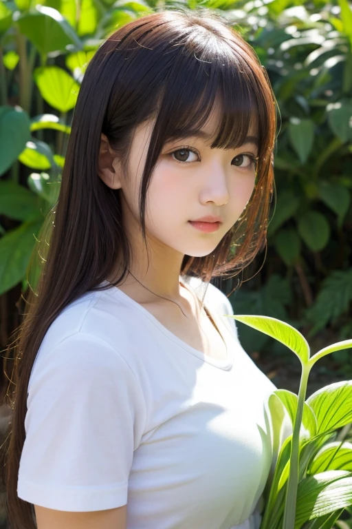 tanned beautiful girl、japanes、17 age、Summer Dress、Eyes are long、Wheat field、up of face、Hair growth、A dark-haired、With bangs、hair adornments、poneyTail、thick lip、