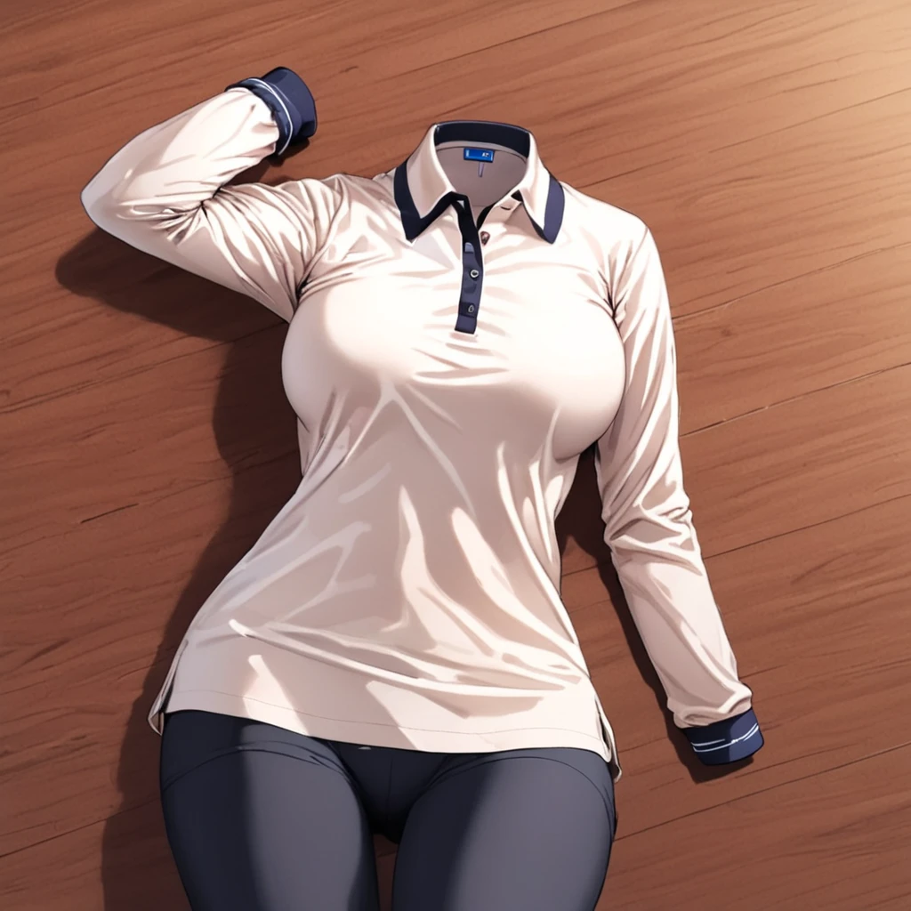 (invisible:1.5, no humans:1.5, headless:1.5, faceless:1.5), ( school polo shirt, dynamic pose:1.2), school leggings,lying on bed, long sleeve, (big breast), (best quality, masterpiece:1.2), detailed cloth texture, detailed anime, super fine illustration