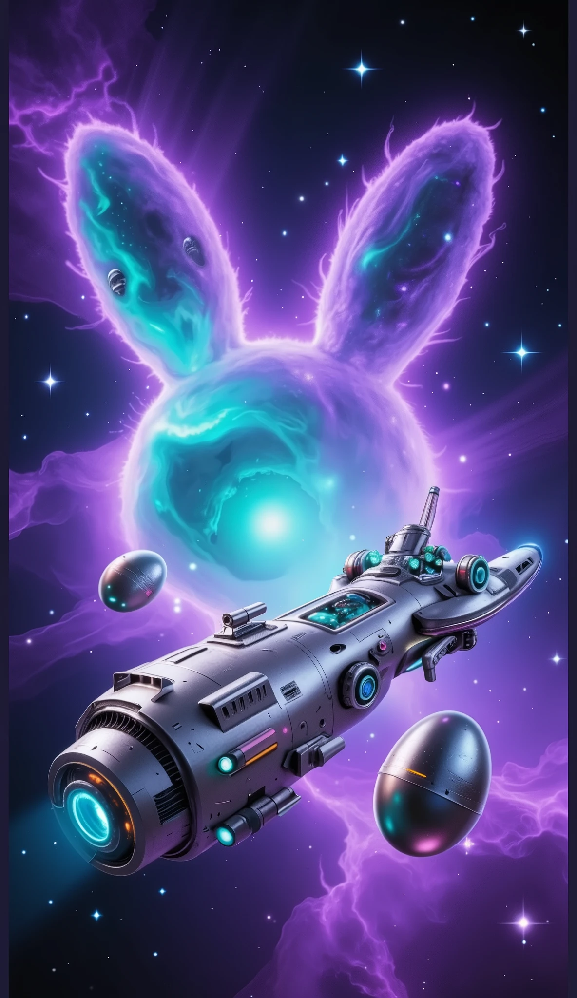 masterpiece, high detailed image, a spacecraft and robotic metal eggs, floating in the outer space, the background is purple and teal nebula galaxy shaped rabbit, stars, surreal, sci-fi movie, cosmic, imaginative.