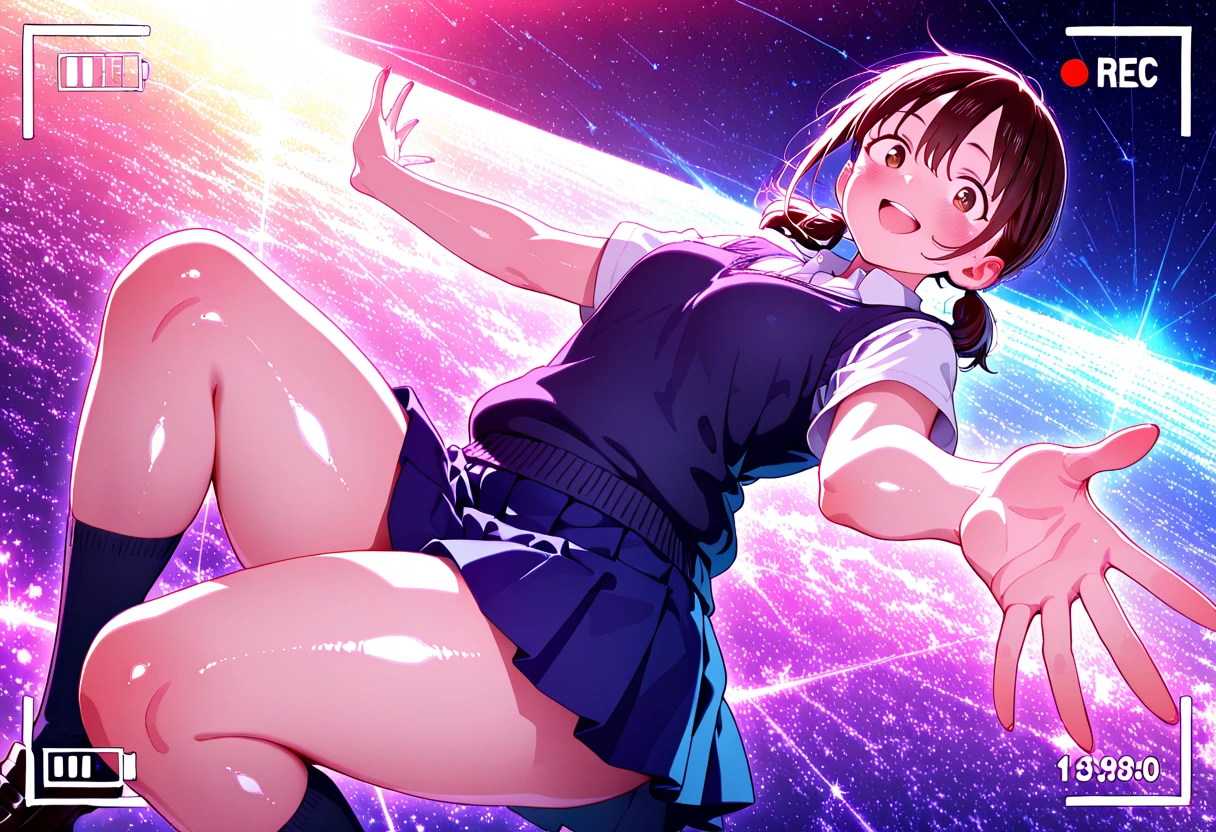 realistically, 1 girl, ponytail, brown eyes, glowing eyes, white short skirt, Blush, daytime, sun light, Strapless, Wet from the rain, Seethrough, Sit with your knees raised., crotch, nipples, smile, concert stage, pussy reveal,