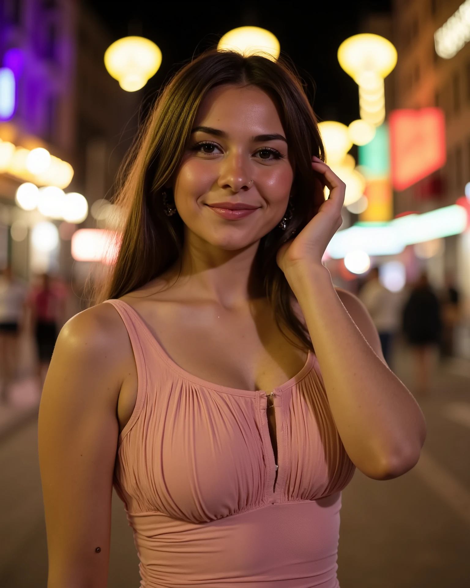 Beautiful woman, young, 25 years old, wearing a feminine dress that conveys delicacy and sweetness, she has a small throat, she is posing for a professional photo, she is touching her hair while taking the photo, she is giving a shy smile that conveys innocence and mystery, she is on a well-lit street full of lights, she has very round and perfect breasts, You can see the hair on her breasts standing on end, Street editorial-style portrait, shot handheld with Nikon Z9 and Nikkor 50mm f/1.2 lens. Settings: f/1.4, ISO 250, shutter 1/640. Natural shadows from surrounding buildings provide contrast and depth. Realistic skin imperfections preserved with light retouching. Fashion outfit highlights include folds, texture, and movement from light wind. Slight motion blur in background creates dynamic energy. Color grading in Capture One with film simulation tones