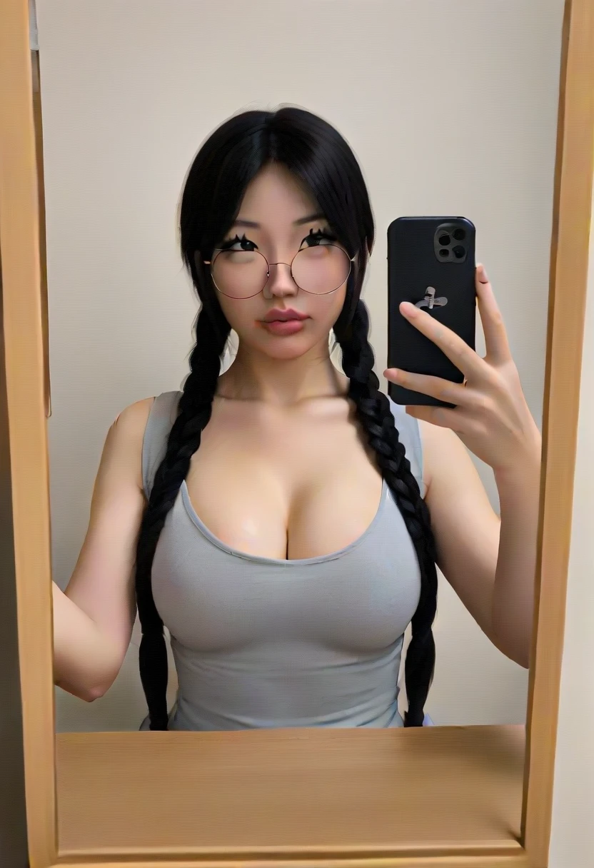 leelpipstan, yurasweb, big lips, lips, sexy lips, 1girl, 1boy, black hair, double braids, glasses, round eyewear, solo, realistic, lips, large breasts, black eyes, pov, selfie, phone in hand, mirror selfie